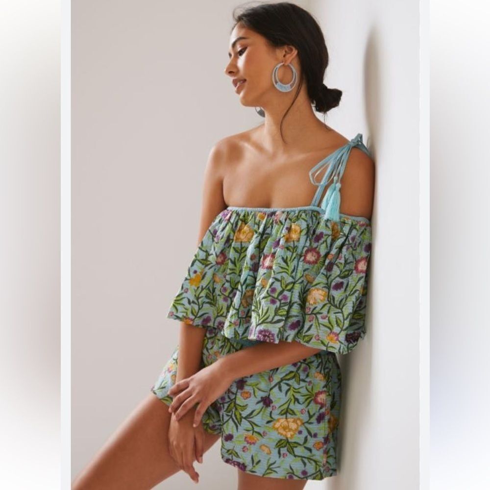 Size Large La Fuori Embroidered Romper Color:
BLUE TRYST